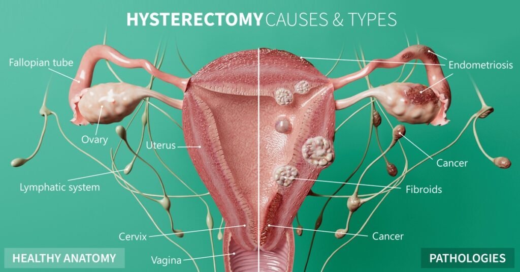 hysterectomy causes including fibroids endometriosis and cancer uterus diagram