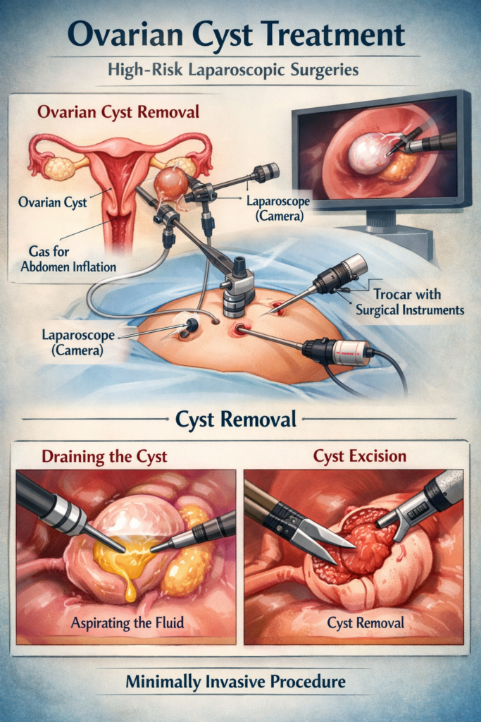 laparoscopic ovarian cyst removal surgery showing cyst drainage and excision