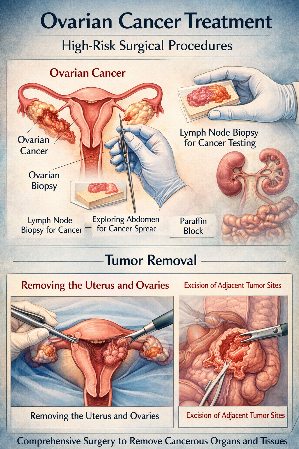 ovarian cancer surgical treatment showing tumor removal and biopsy procedures