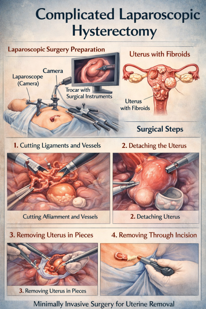 Hysterectomy surgical steps illustration with medical instruments