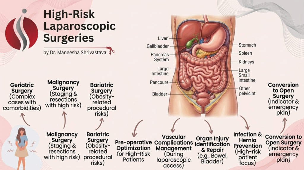 high risk laparoscopic surgery illustration showing abdominal organs and surgical procedures