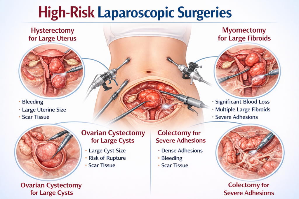 high risk laparoscopic gynecological surgeries including hysterectomy myomectomy ovarian cystectomy illustration