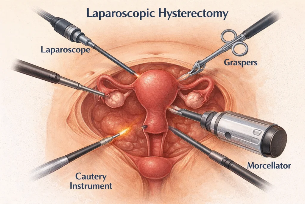 Diagram of laparoscopic hysterectomy showing surgical instruments and uterus